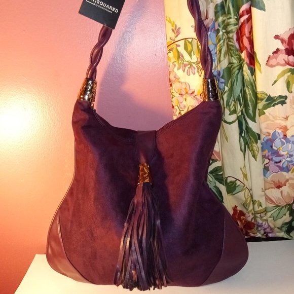 NEW PURPLE SQUARED BY SONDRA ROBERTS SHOULDER HANDBAG W/ ROPE STRAP & TASSIL - Picture 2 of 13
